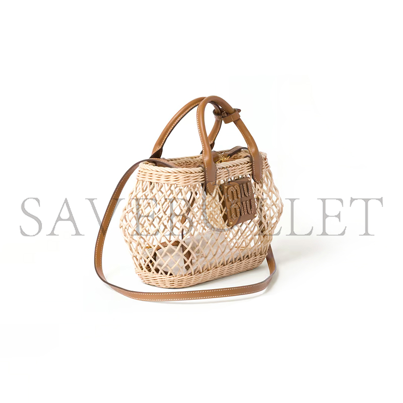 MIU MIU WOVEN FABRIC HANDBAG WITH LEATHER TRIM 5BA286 (23.5*18*9cm)